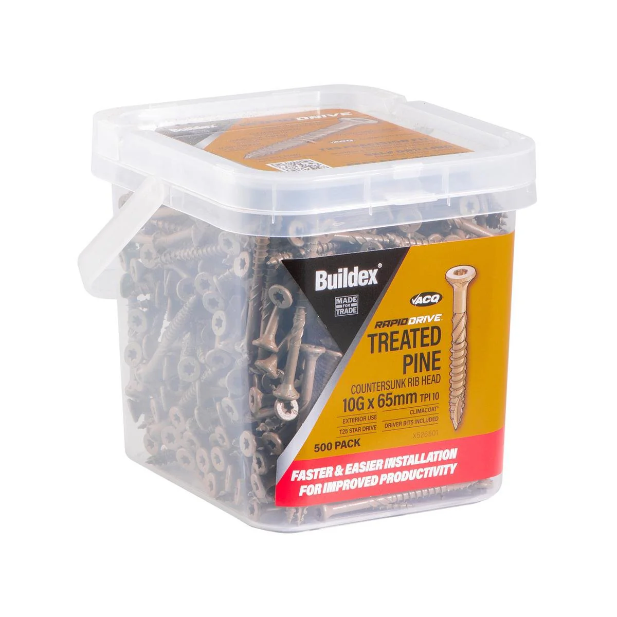 Buildex Rapiddrive Treated Pine Screws 10g x 65mm Box of 500 - Fast Installation - Climacoat Finish