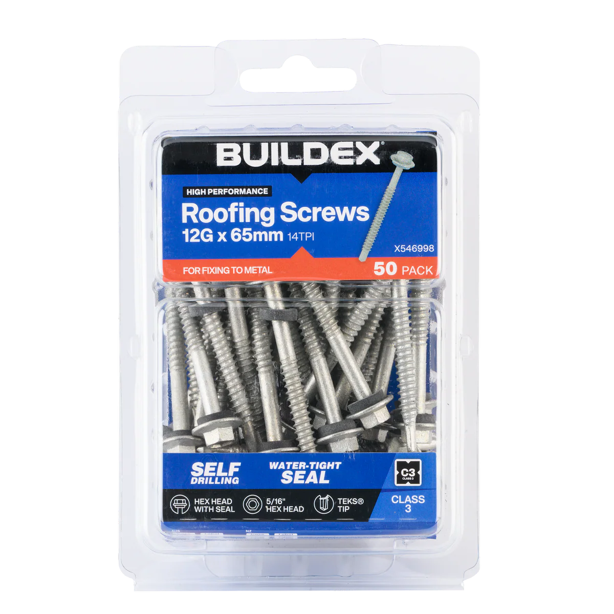Buildex Roofing Teks Screws - 12g x 65mm - 50 Pack - Class 3 Corrosion Protection