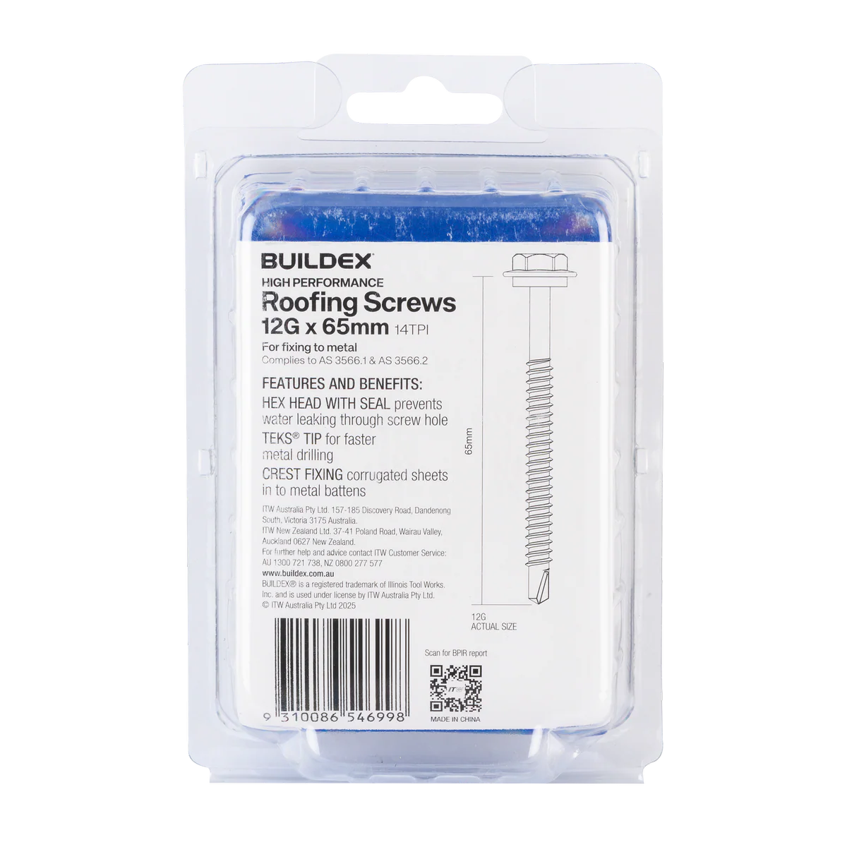 Buildex Roofing Teks Screws - 12g x 65mm - 50 Pack - Class 3 Corrosion Protection - Image 2