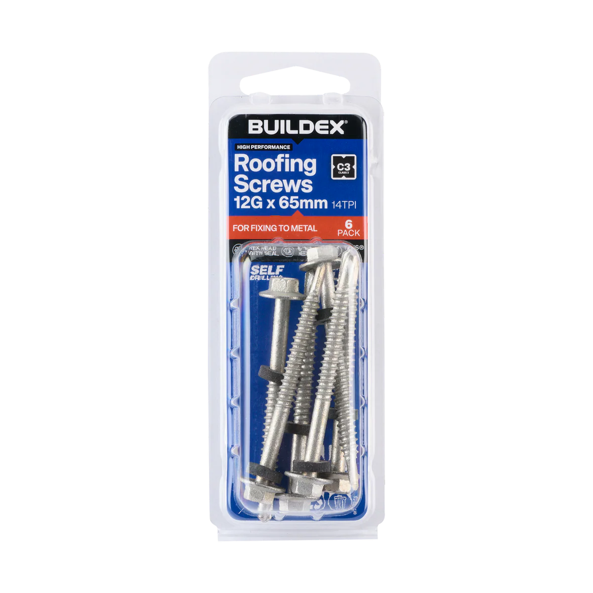 Buildex Roofing Teks Screws - 12g x 65mm - 6 Pack - Class 3 Corrosion Protection - Self-Drilling
