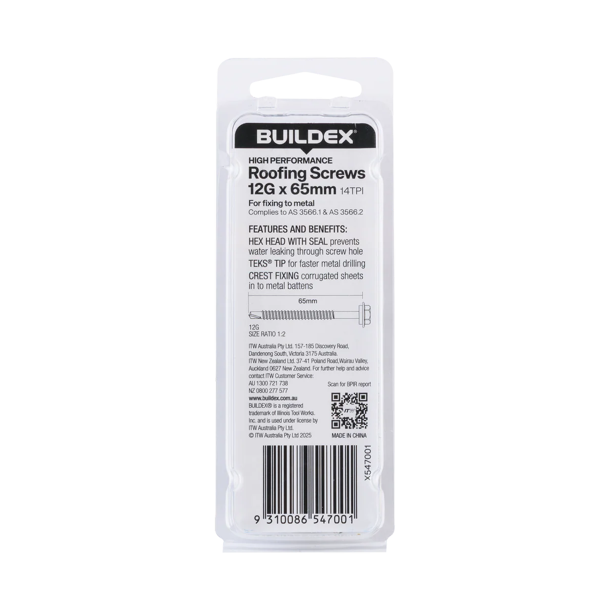 Buildex Roofing Teks Screws - 12g x 65mm - 6 Pack - Class 3 Corrosion Protection - Self-Drilling - Image 2