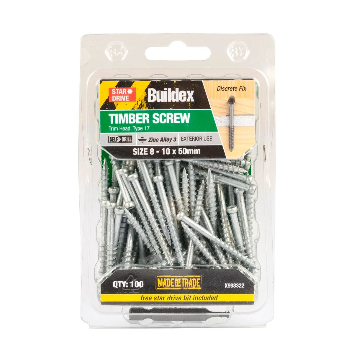 Buildex Trim Head Timber Screw - 10g x 50mm - Zinc Alloy 3 - 100 Pack