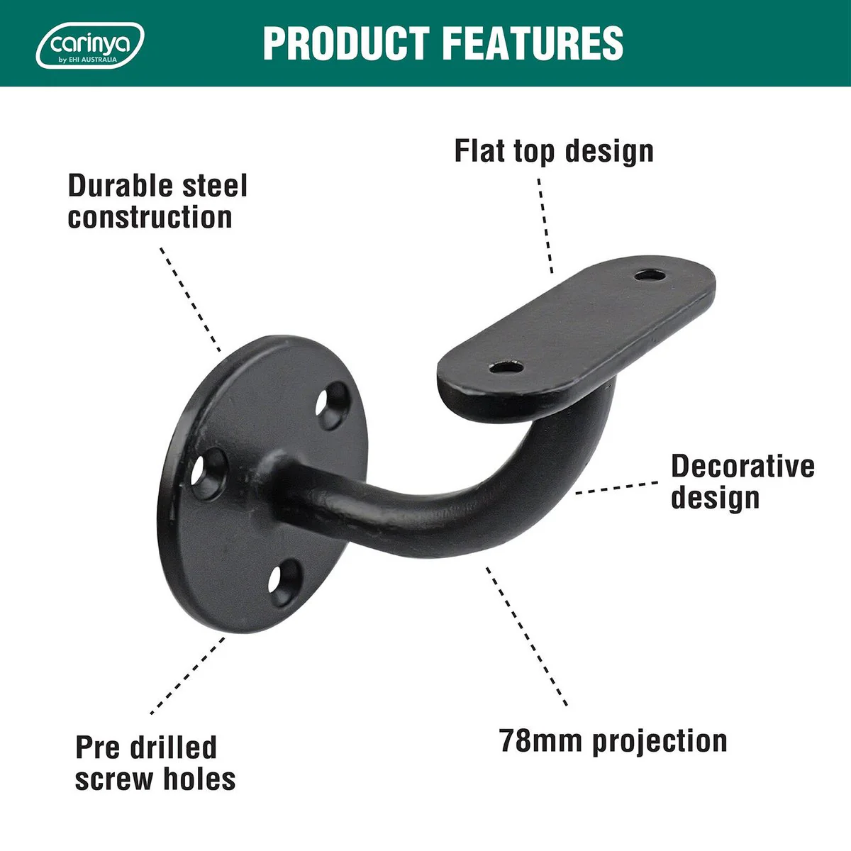 Carinya Black Flat Top Curved Handrail Bracket - 70mm x 90mm x 95mm - Image 5