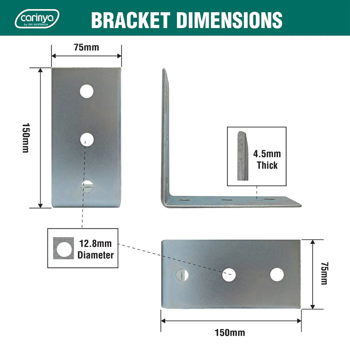 Carinya Reinforcing Angle Bracket - 150mm x 150mm x 75mm - Zinc Plated - Corrosion Resistant - Image 4