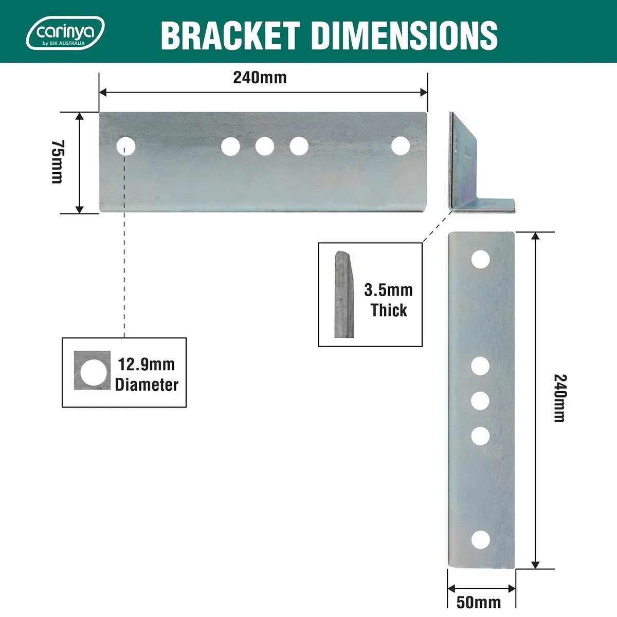 Carinya Reinforcing Angle Bracket - 240mm x 75mm x 50mm - Zinc Plated - Corrosion Resistant - Image 4