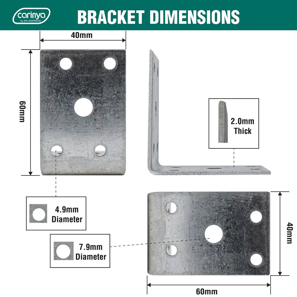 Carinya Reinforcing Angle Bracket - 60 x 60 x 40mm - Galvanised Steel - 8 Pack - Image 5