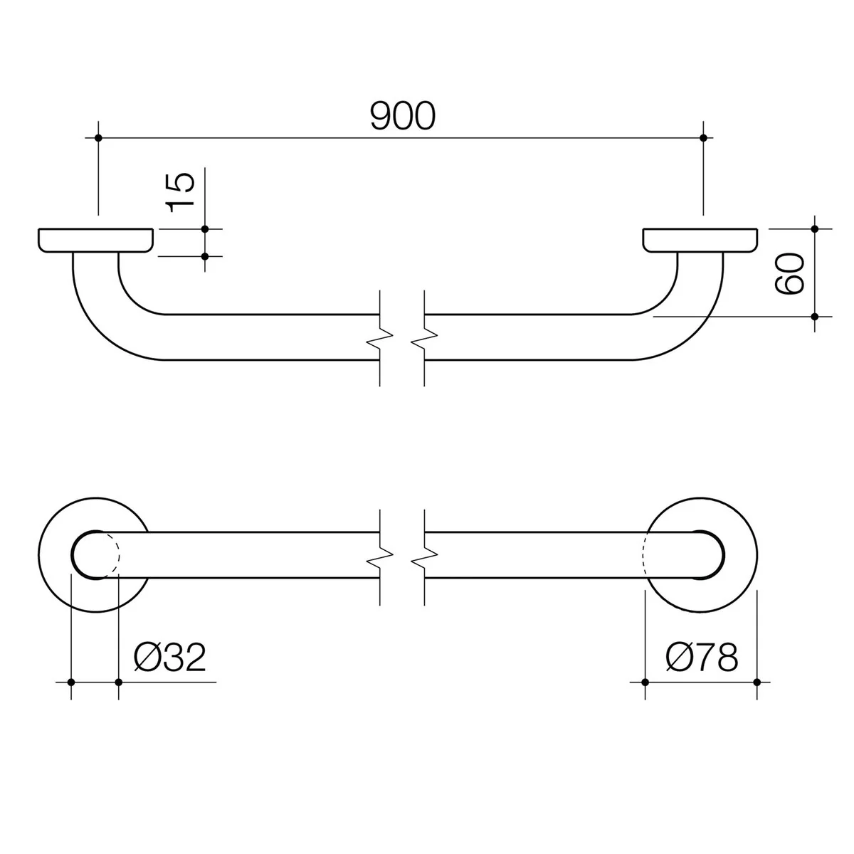 Caroma Grab Rail - 900mm - Chrome - Stainless Steel - 1100N Support - Image 2