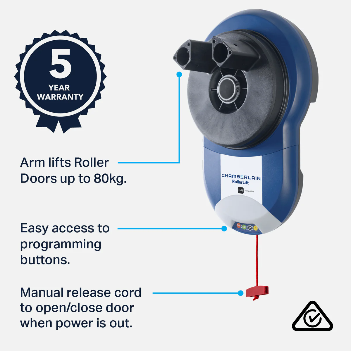 Chamberlain Rollerlift Roller Garage Door Opener - 1 Unit - 457mm x 170mm x 290mm - Remote-Controlled - Easy DIY Installation - Safety Features - Image 5