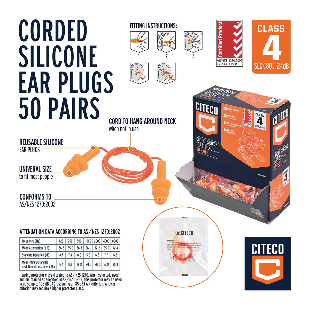 Citeco Class 4 Corded Silicone Ear Plugs 50 Pairs - Reusable - 400mm x 20mm x 40mm - Image 2