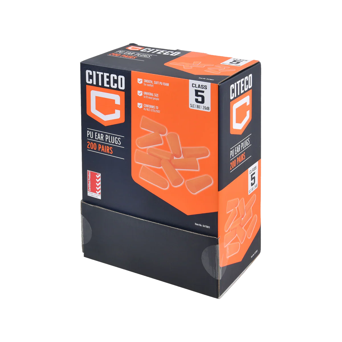 Citeco Class 5 Ear Plugs 200 Pairs - PU Foam - Disposable - Comfortable Fit - 18mm x 25mm x 10mm