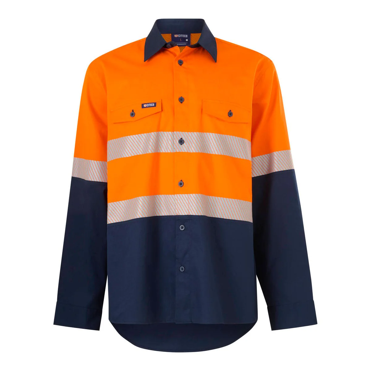 Citeco Hi Vis Long Sleeve Taped Shirt M 100% Cotton Orange/Navy - UPF 50+
