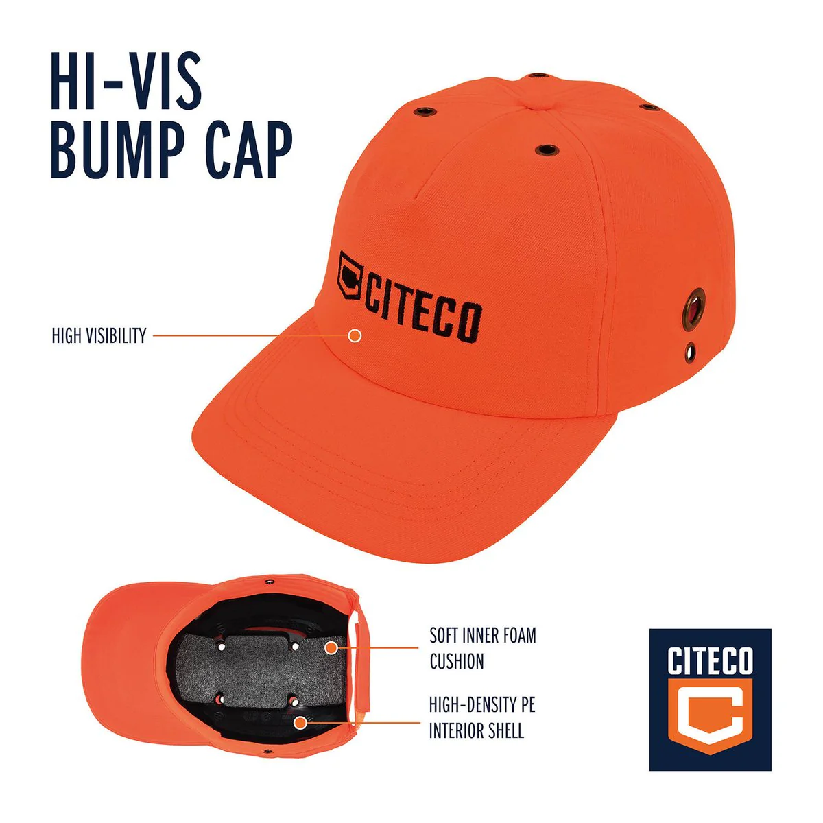 Citeco Orange Bump Cap - Personal Protective Equipment - 200mm x 120mm x 150mm - Impact Resistant - Adjustable Fit - Image 3