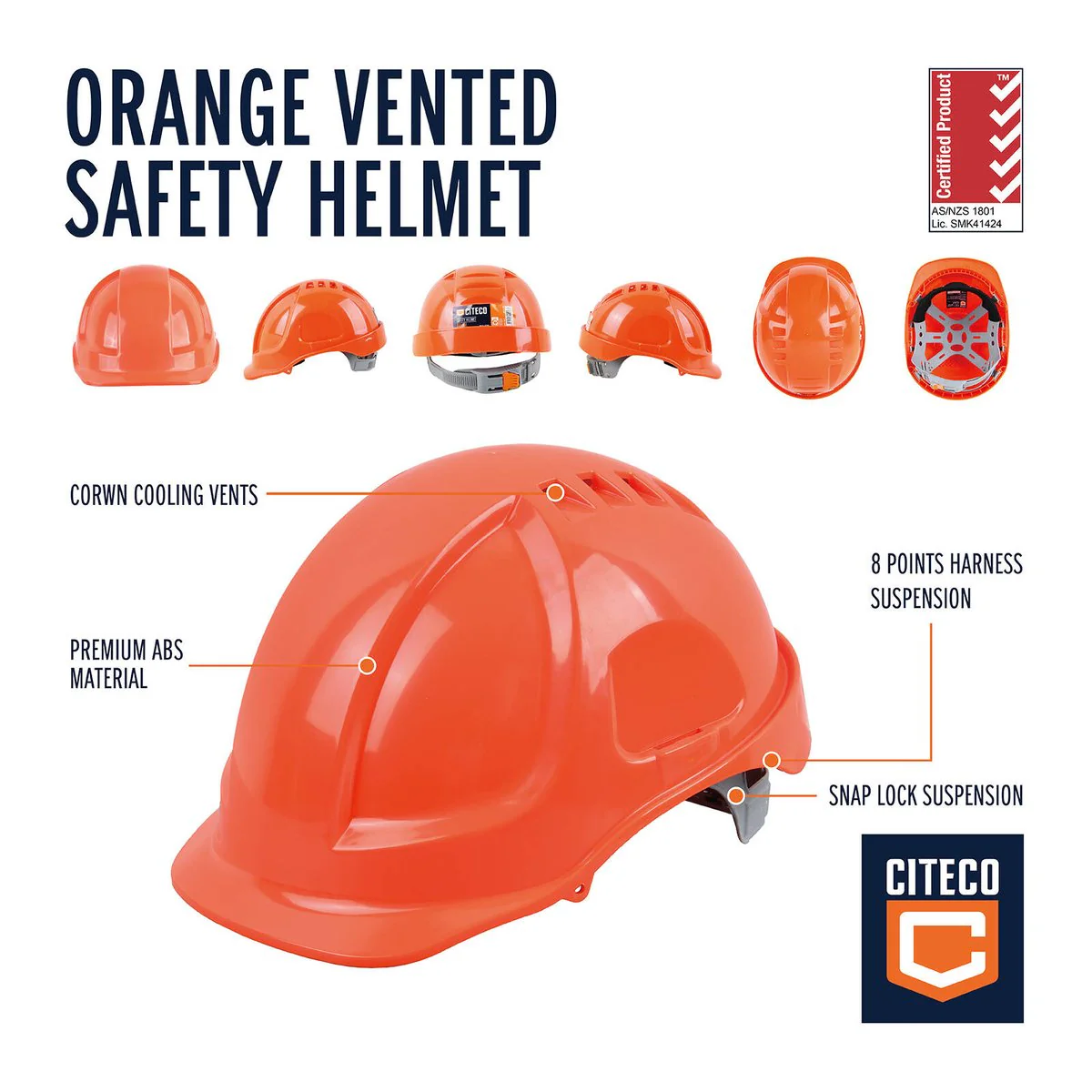 Citeco Orange Vented Safety Helmet - Durable ABS - 190mm x 260mm x 140mm - Comfortable Fit - Image 2