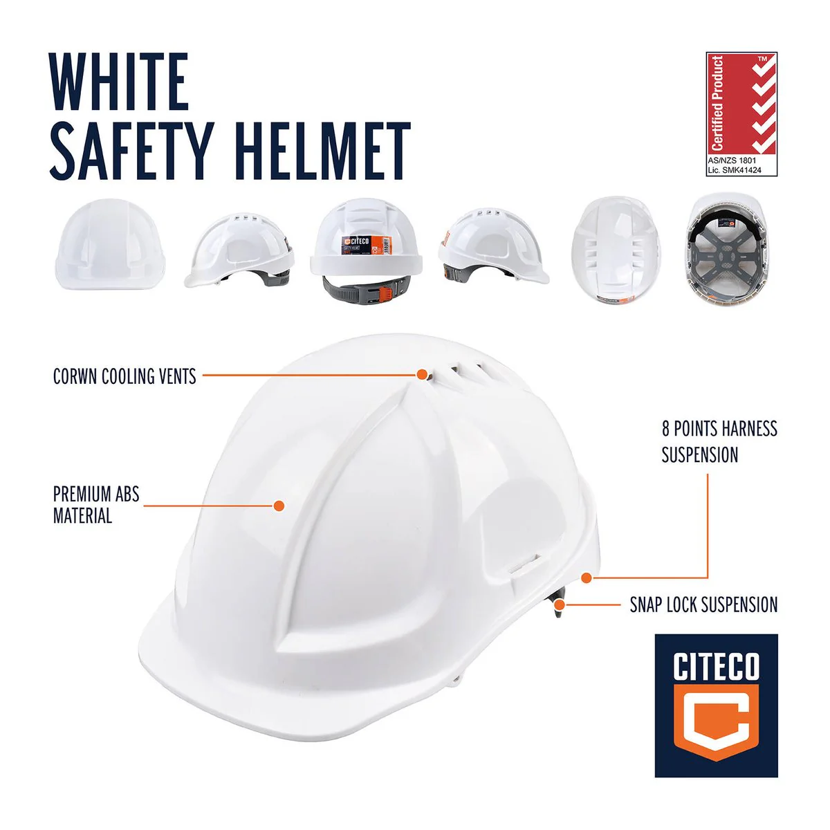 Citeco White Safety Helmet - ABS Plastic - 190mm x 260mm x 140mm - Cooling Vents - Image 2