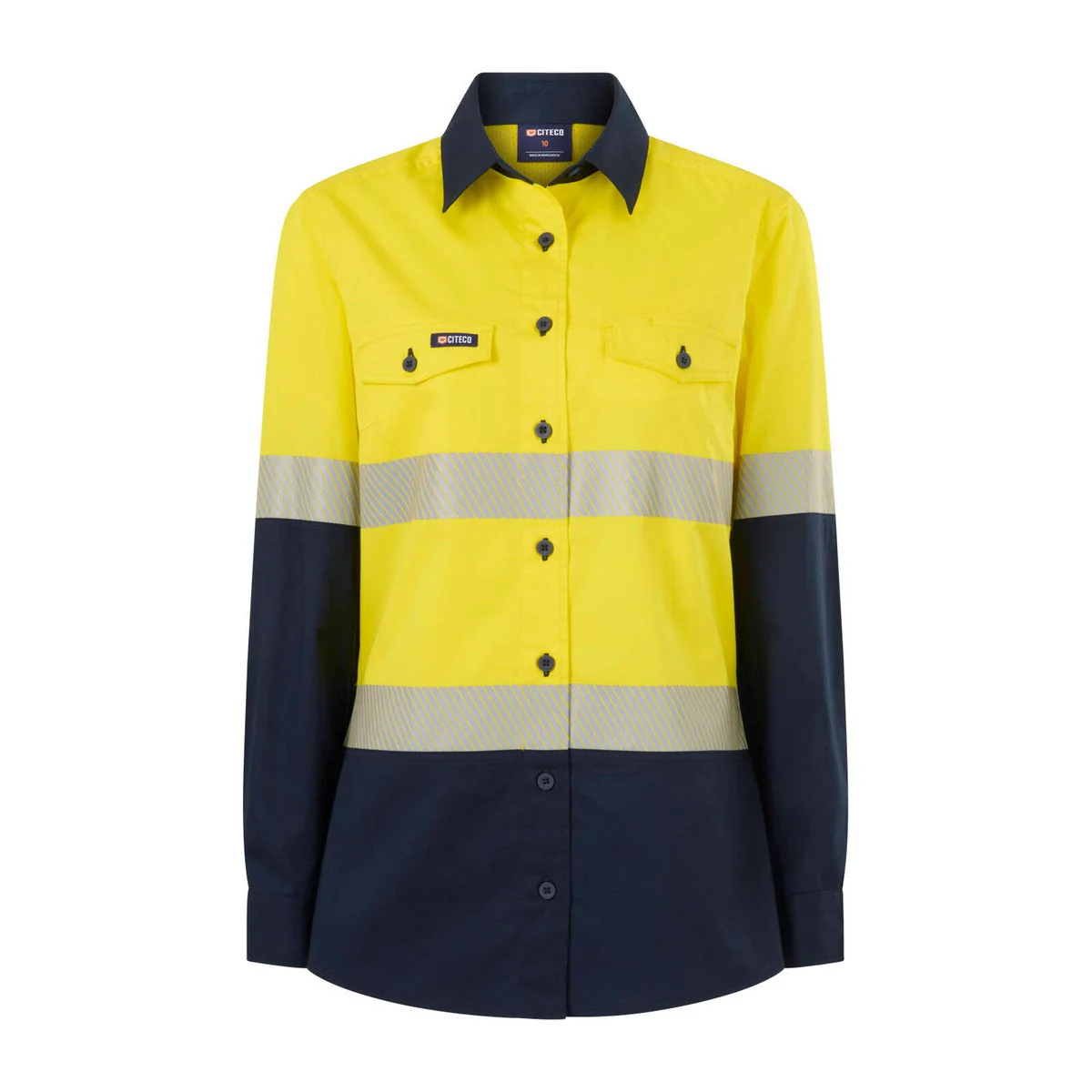 Citeco Womens Long Sleeve Shirt Size 12 - Yellow Navy - Hi Vis - UPF 50+