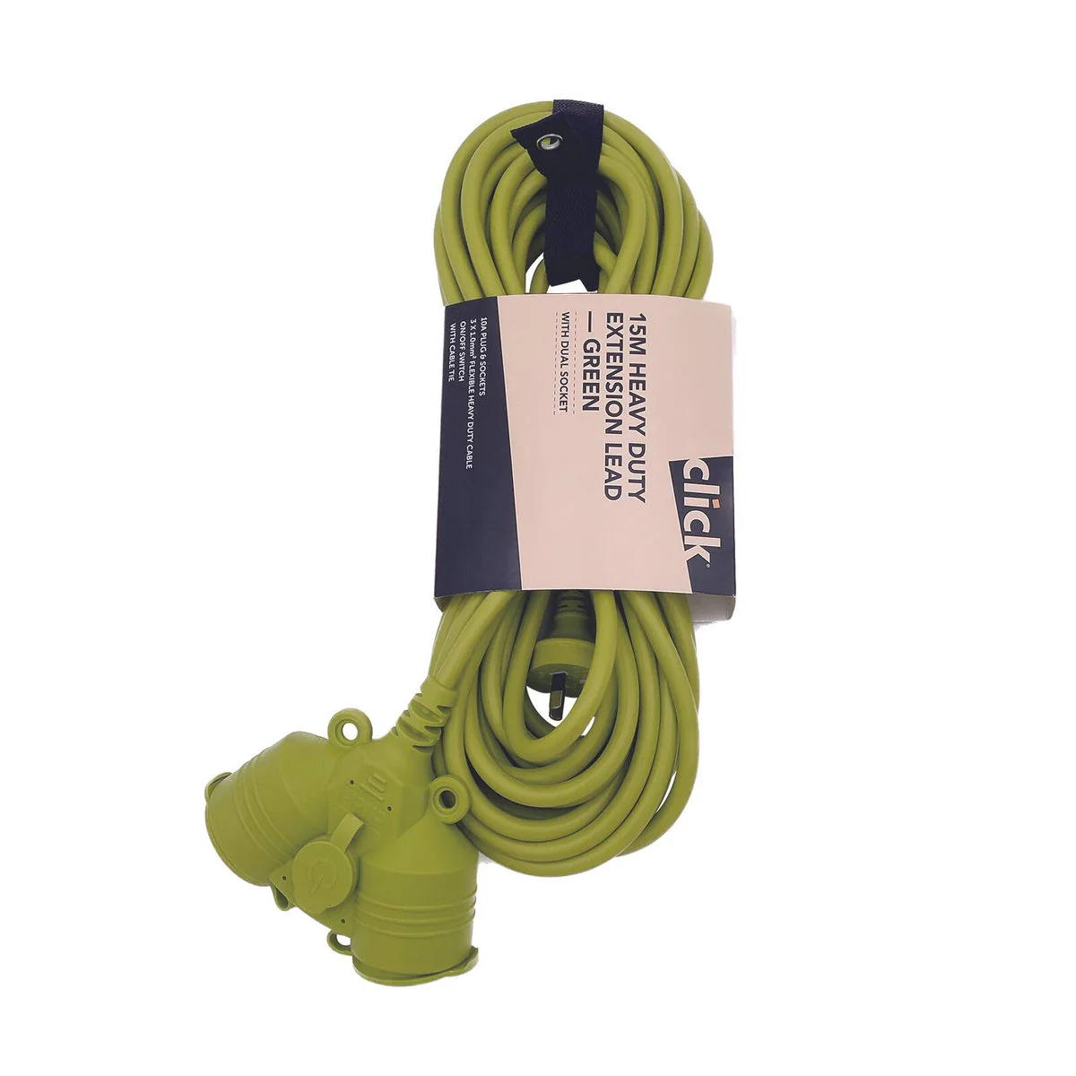 Click 15m Green Heavy Duty Extension Lead - Dual Socket - Durable - Indoor/Outdoor