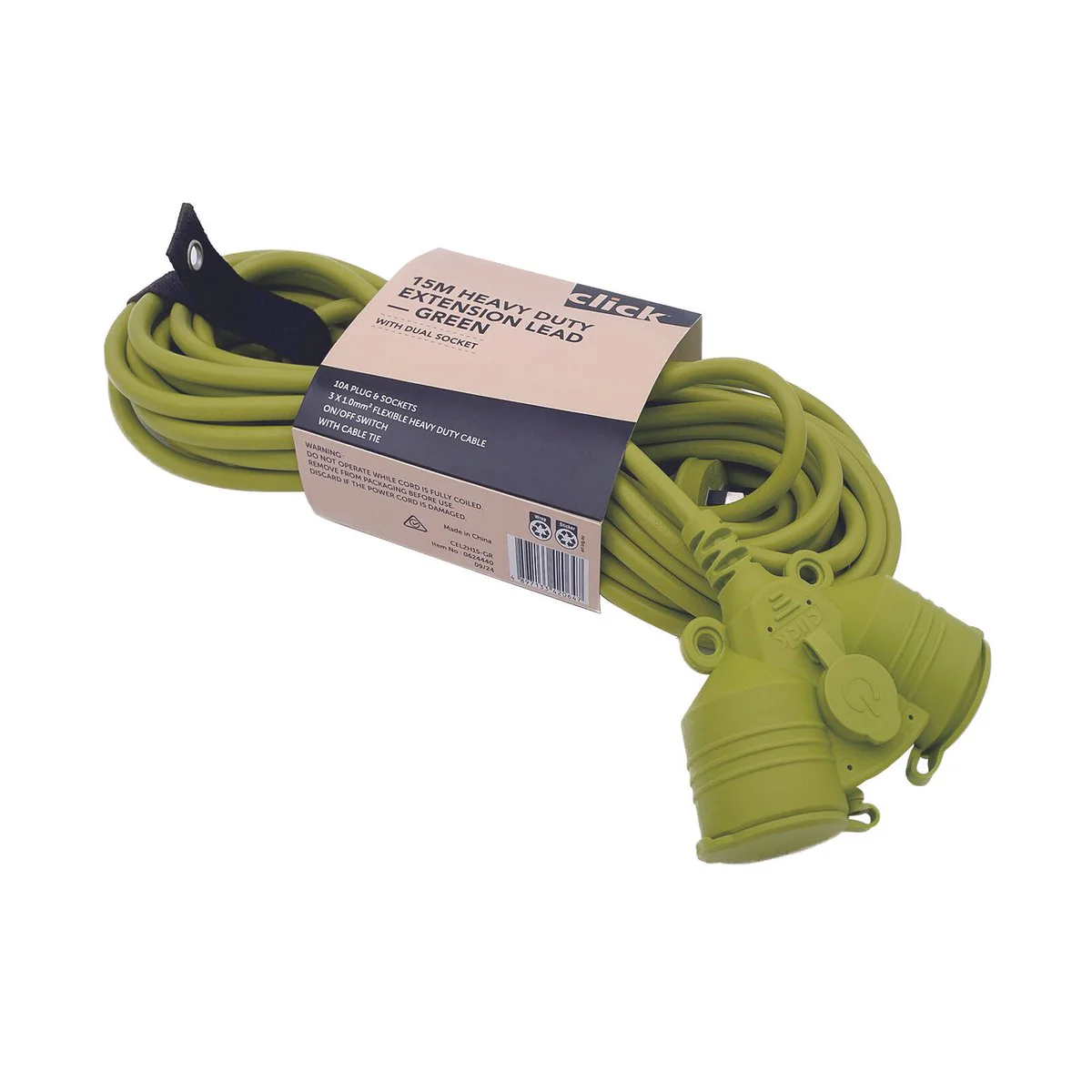 Click 15m Green Heavy Duty Extension Lead - Dual Socket - Durable - Indoor/Outdoor - Image 2