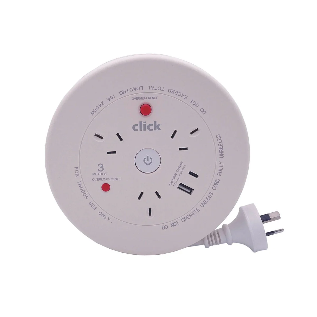 Click 3 Metre Cable Reel with USB Charger - 3 Power Outlets - Portable Power