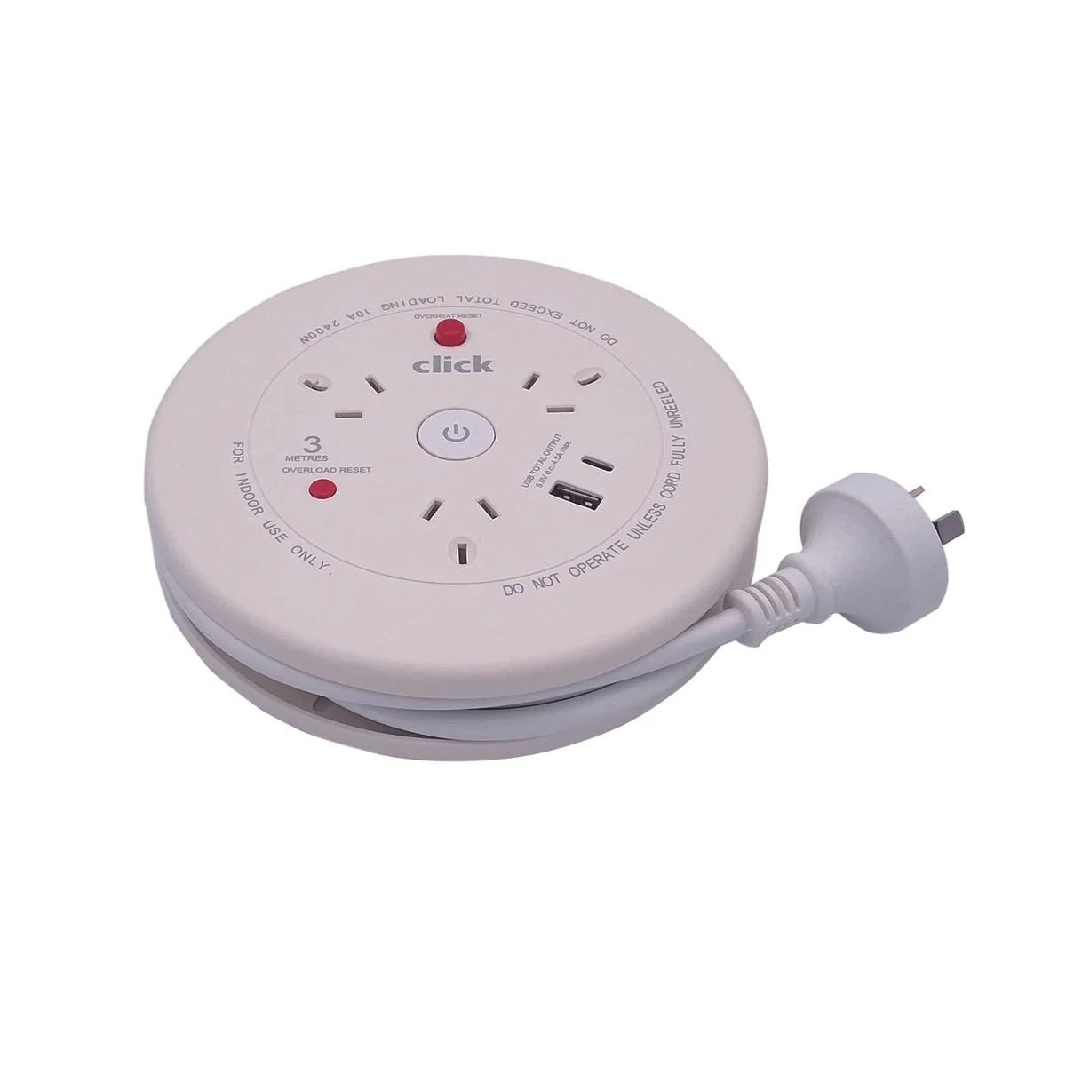 Click 3 Metre Cable Reel with USB Charger - 3 Power Outlets - Portable Power - Image 2