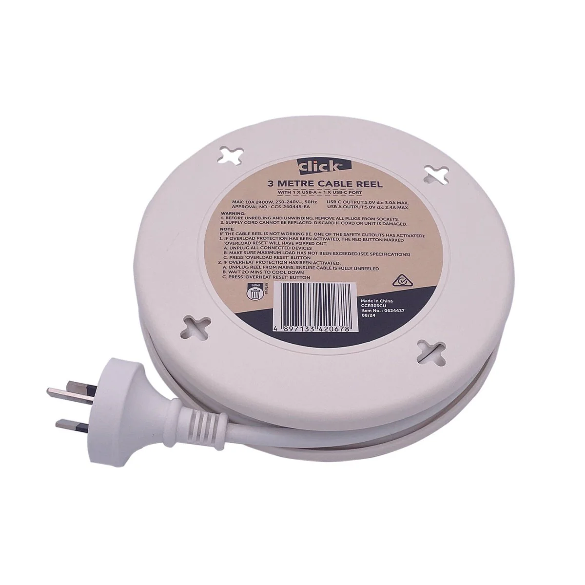 Click 3 Metre Cable Reel with USB Charger - 3 Power Outlets - Portable Power - Image 3