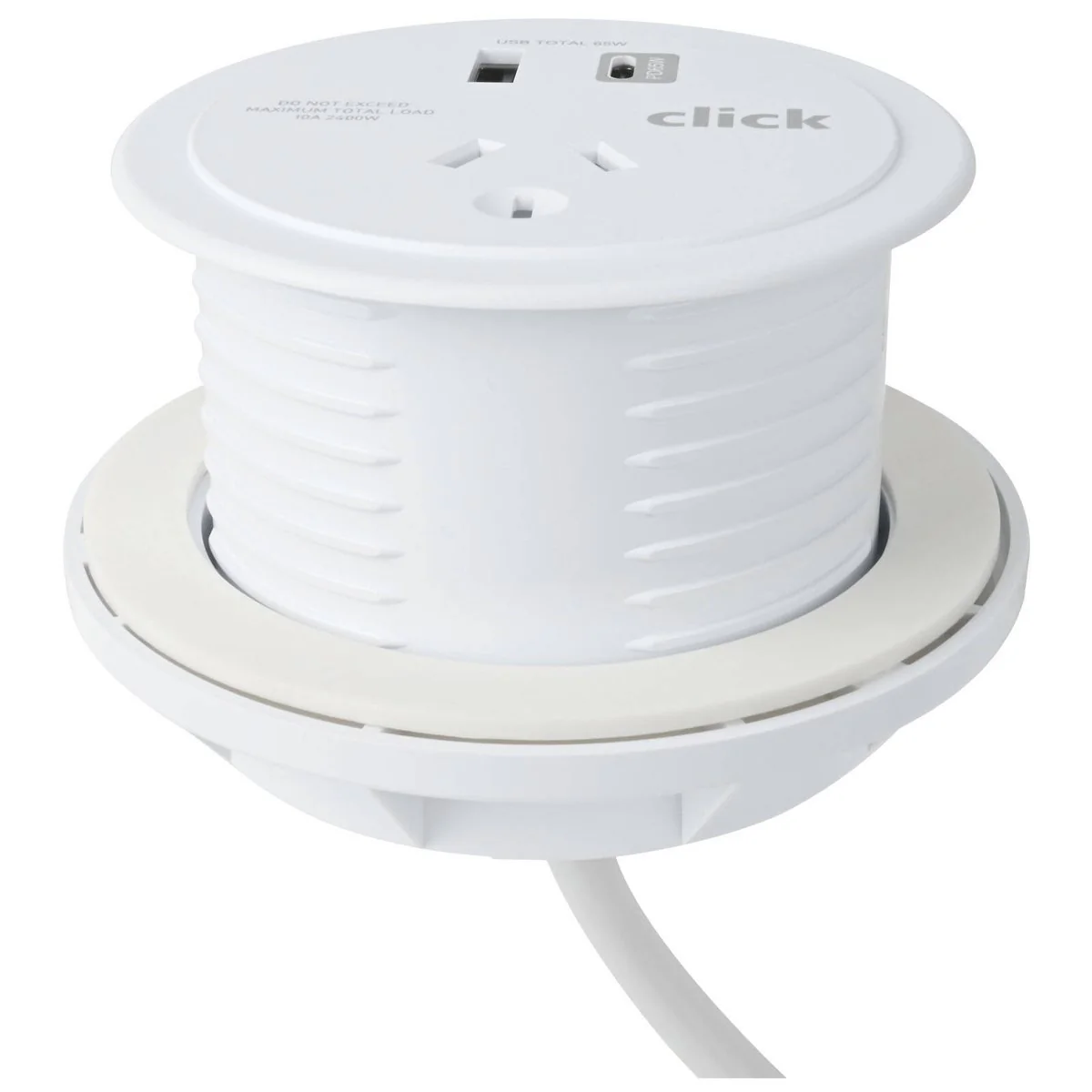 Click Desktop Power Grommet PD65W - AC & USB Ports - 1.5M Cable - 89mm x 66mm x 99mm