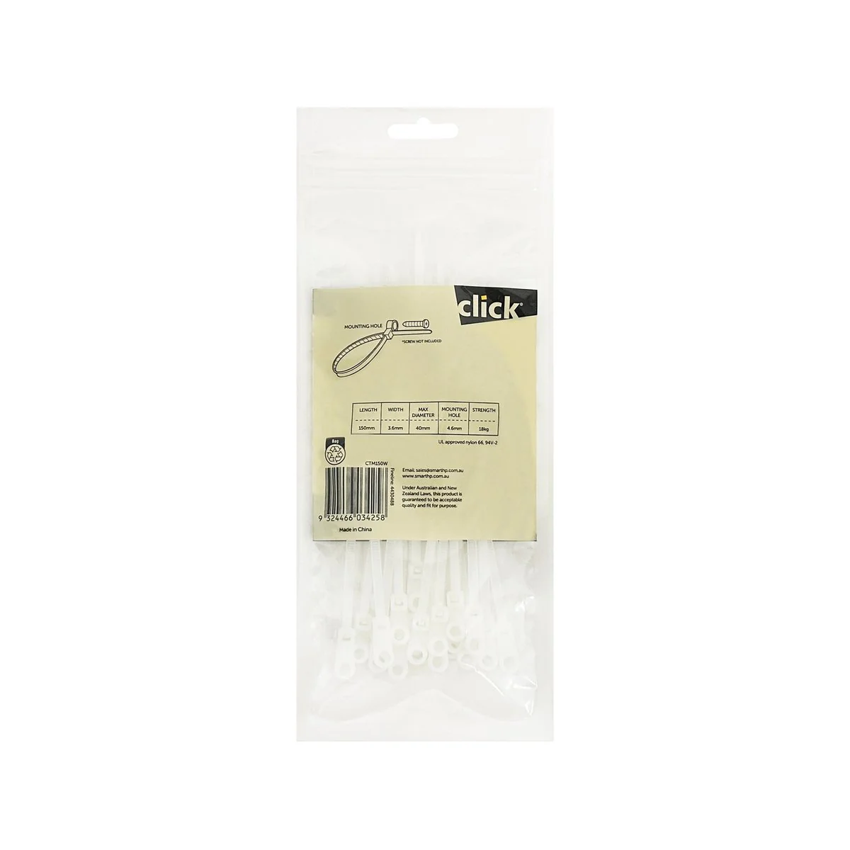 Click Mounting Cable Tie - 150mm - Nylon - UV Resistant - 25 Pack - Image 2