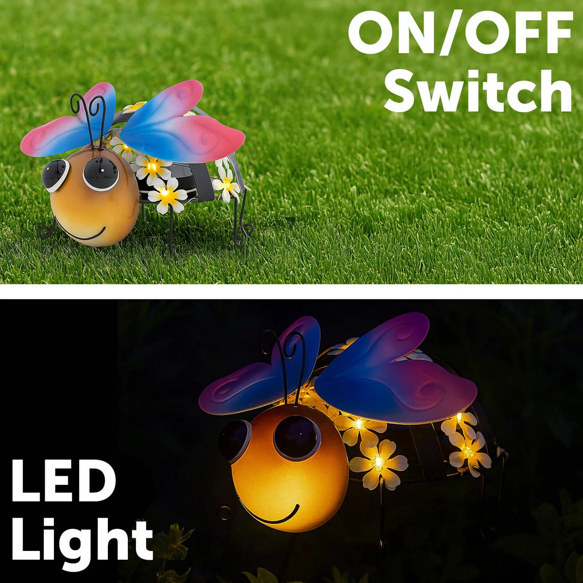 Click Solar Metal Animal Light Bee - 1.2V Rechargeable - Yellow/Pink - Outdoor Decor - Image 3