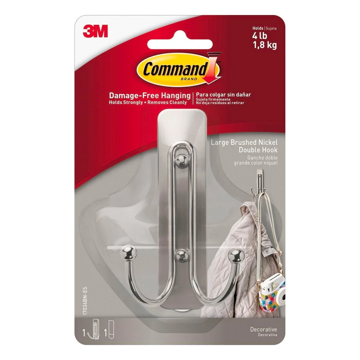 Command Brushed Nickel Double Wall Hook - Large - 1 Pack - 109mm x 171mm