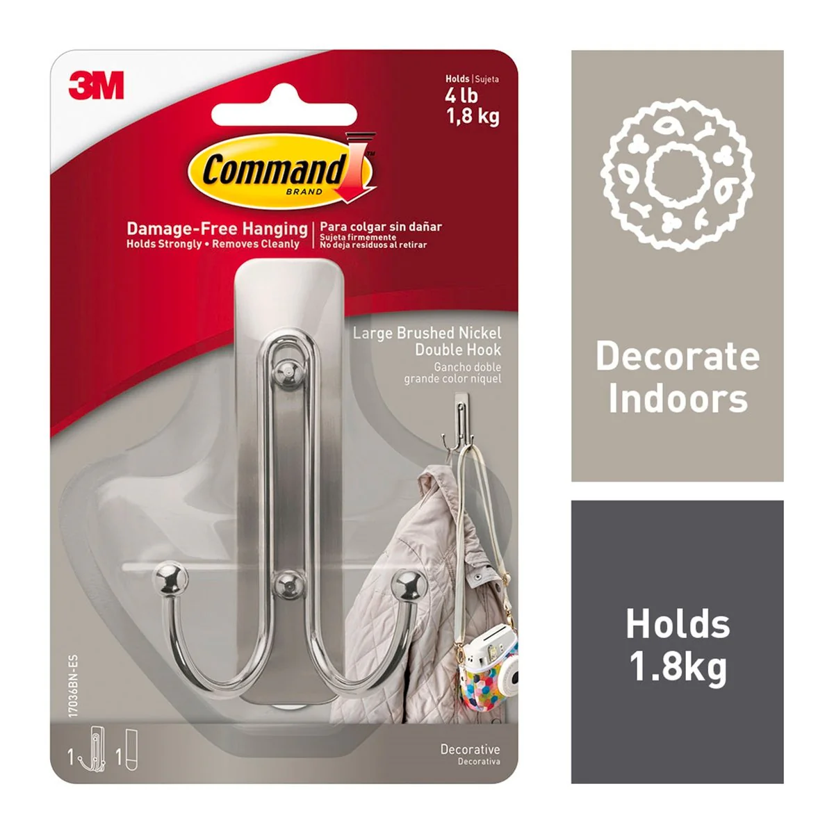 Command Brushed Nickel Double Wall Hook - Large - 1 Pack - 109mm x 171mm - Image 2