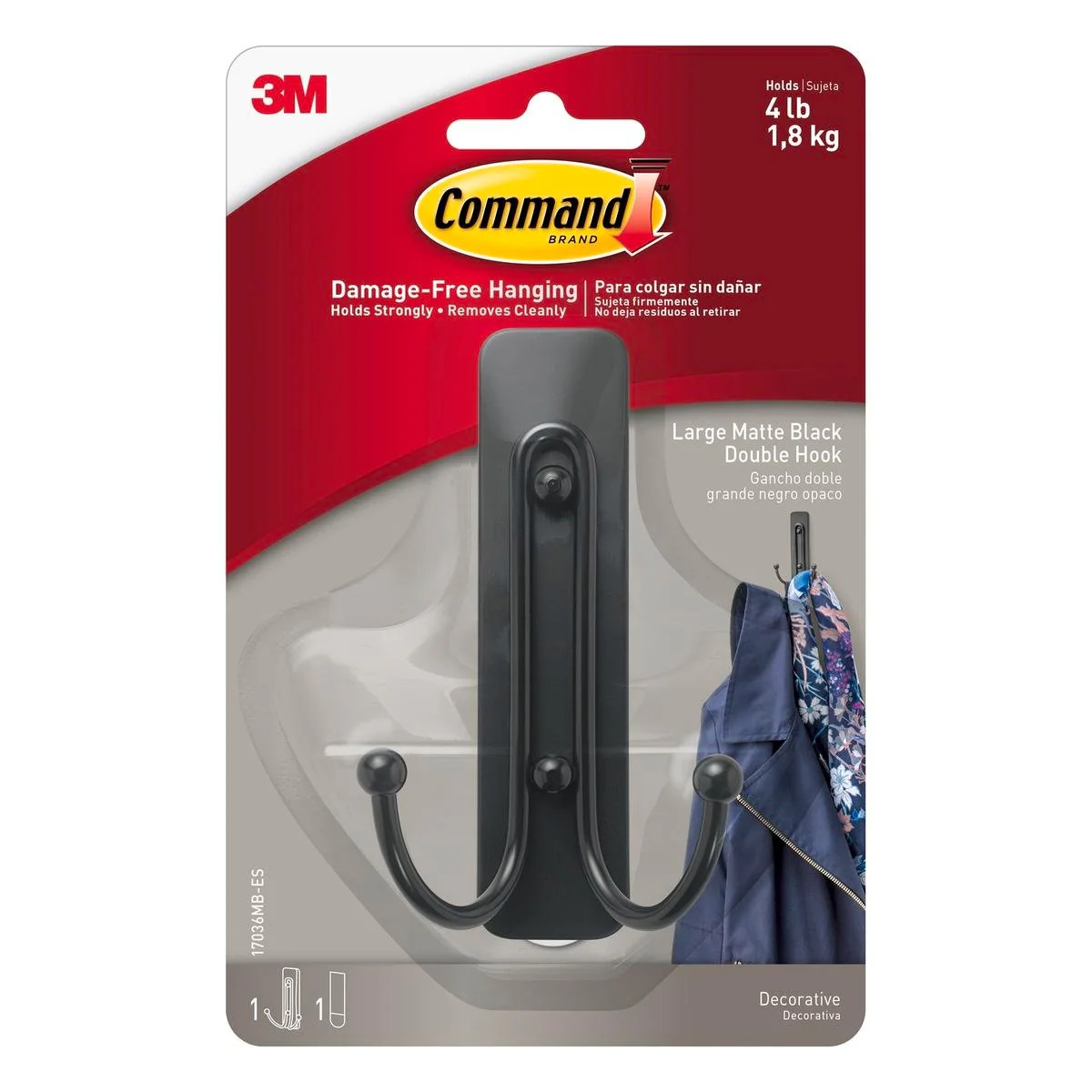Command Matte Black Large Double Hook 1 Pack - 60mm x 105mm - Holds 1.8kg