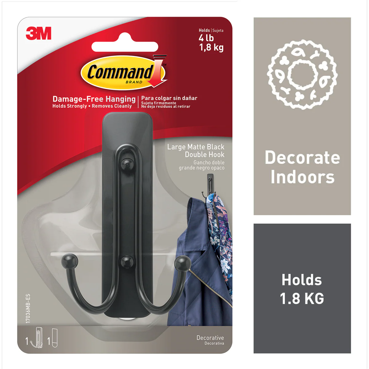 Command Matte Black Large Double Hook 1 Pack - 60mm x 105mm - Holds 1.8kg - Image 2