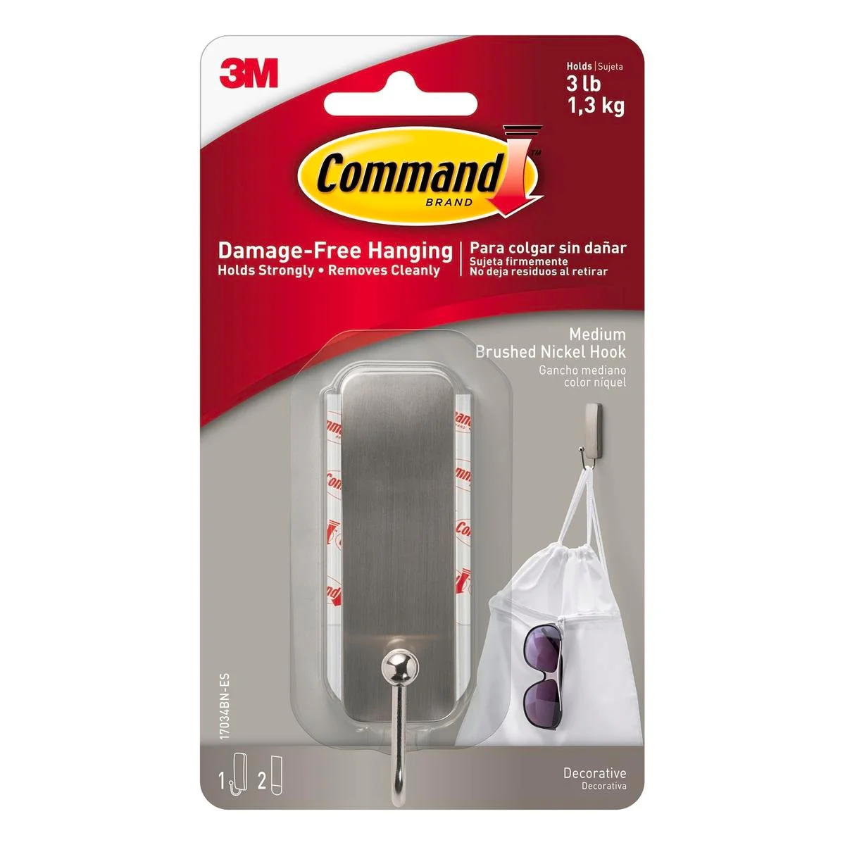 Command Medium Brushed Nickel Hook 1 Pack - 98mm x 171mm - Damage-Free Hanging