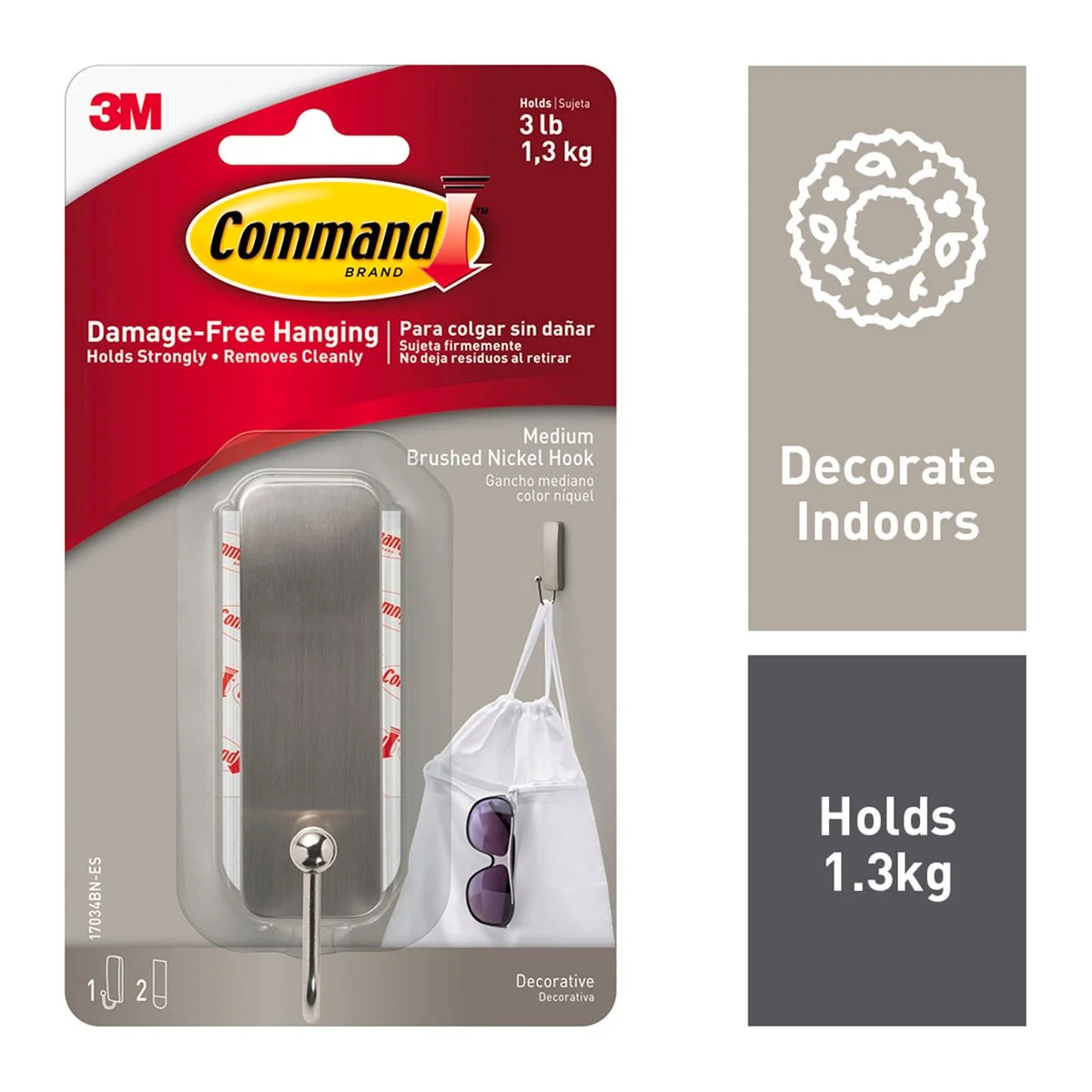 Command Medium Brushed Nickel Hook 1 Pack - 98mm x 171mm - Damage-Free Hanging - Image 2