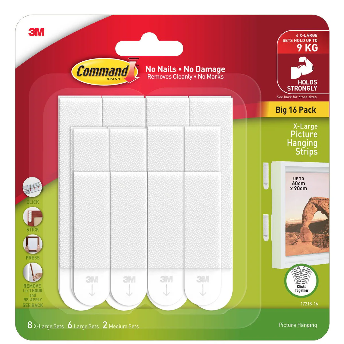 Command White Picture Hanging Strip Mixed Pack 16 Pairs - 96.5mm x 165.1mm - Damage-Free Hanging