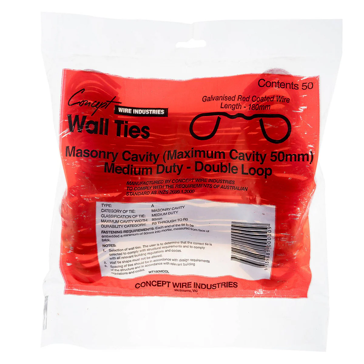 Concept Wires 180mm Red Medium Duty Double Loop Wire Brick Tie 50 Pack