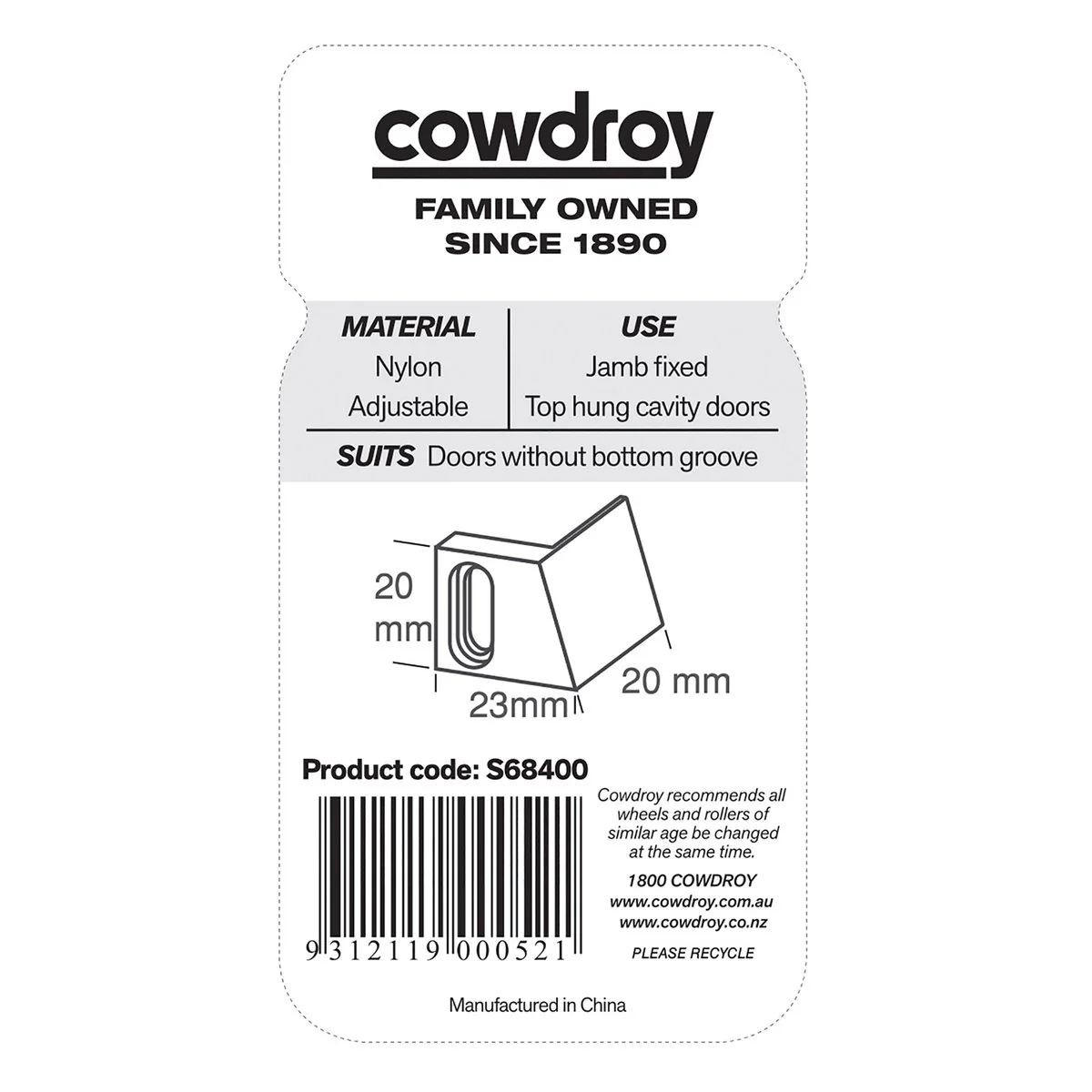 Cowdroy Track Sliding Door Accessory - 55mm x 20mm x 145mm - Nylon - Cavity Guide - Image 2