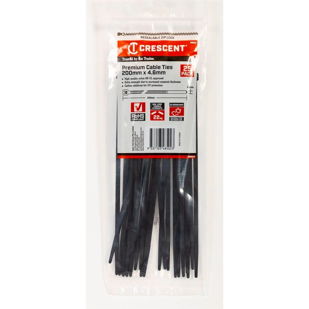 Crescent Cable Ties - 200 x 4.6mm - Black - 25 Pack - Nylon - UV Resistant