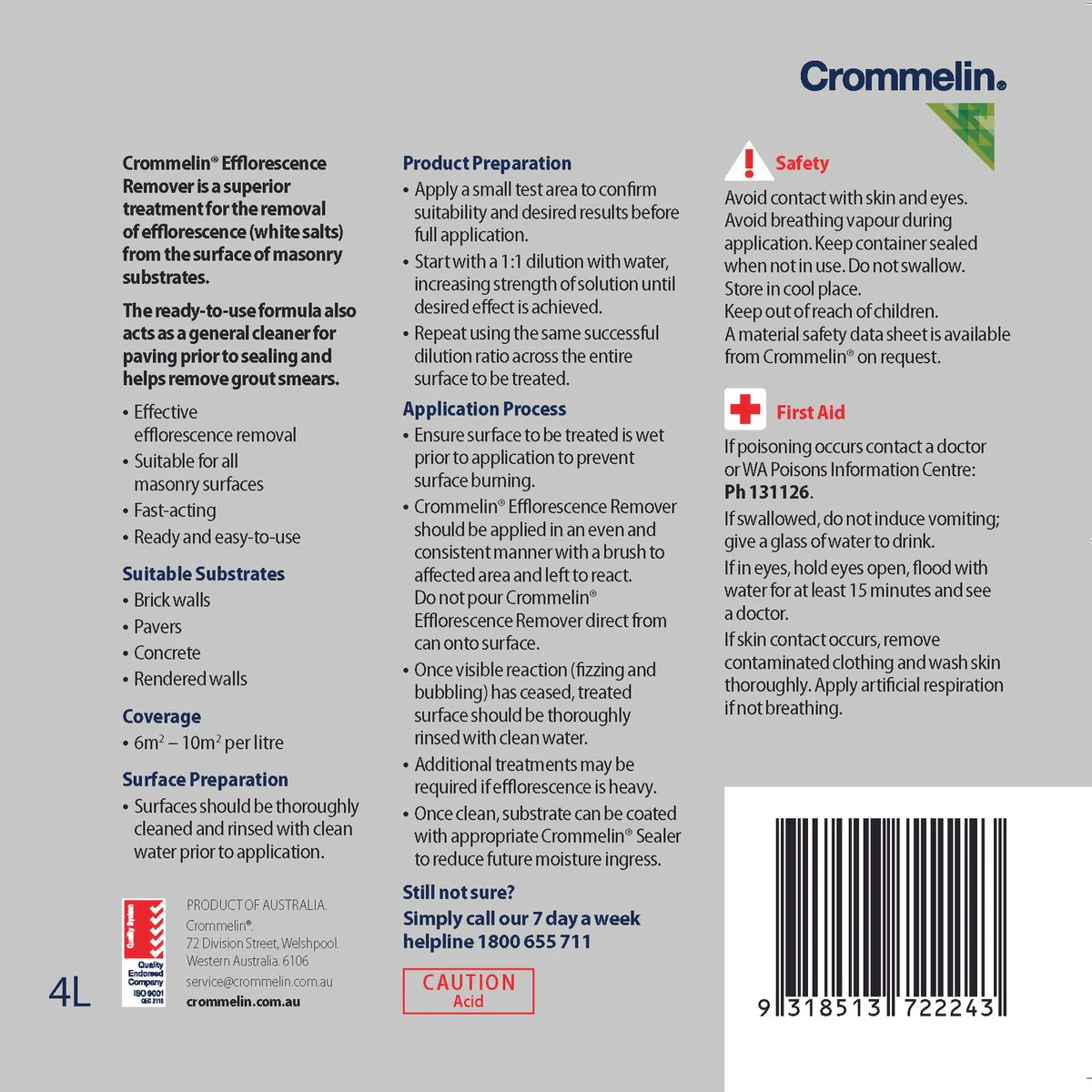 Crommelin Efflorescence Remover - 4L - Acid - Salt Removal - Image 2