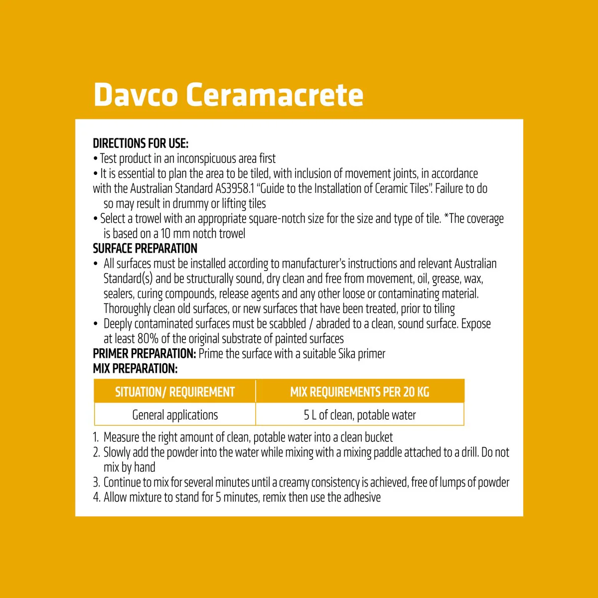 Davco Ceramacrete Cement Base Tile Adhesive 5kg - Grey - 240mm x 280mm x 110mm - Image 3
