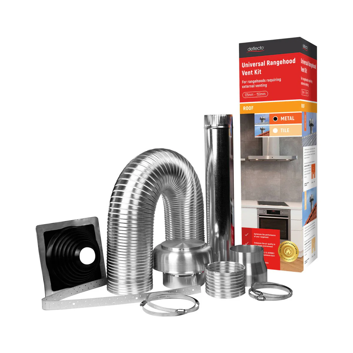 Deflecto Rangehood Venting Kit - 125-150mm - Aluminium - Metal Roof Flashing