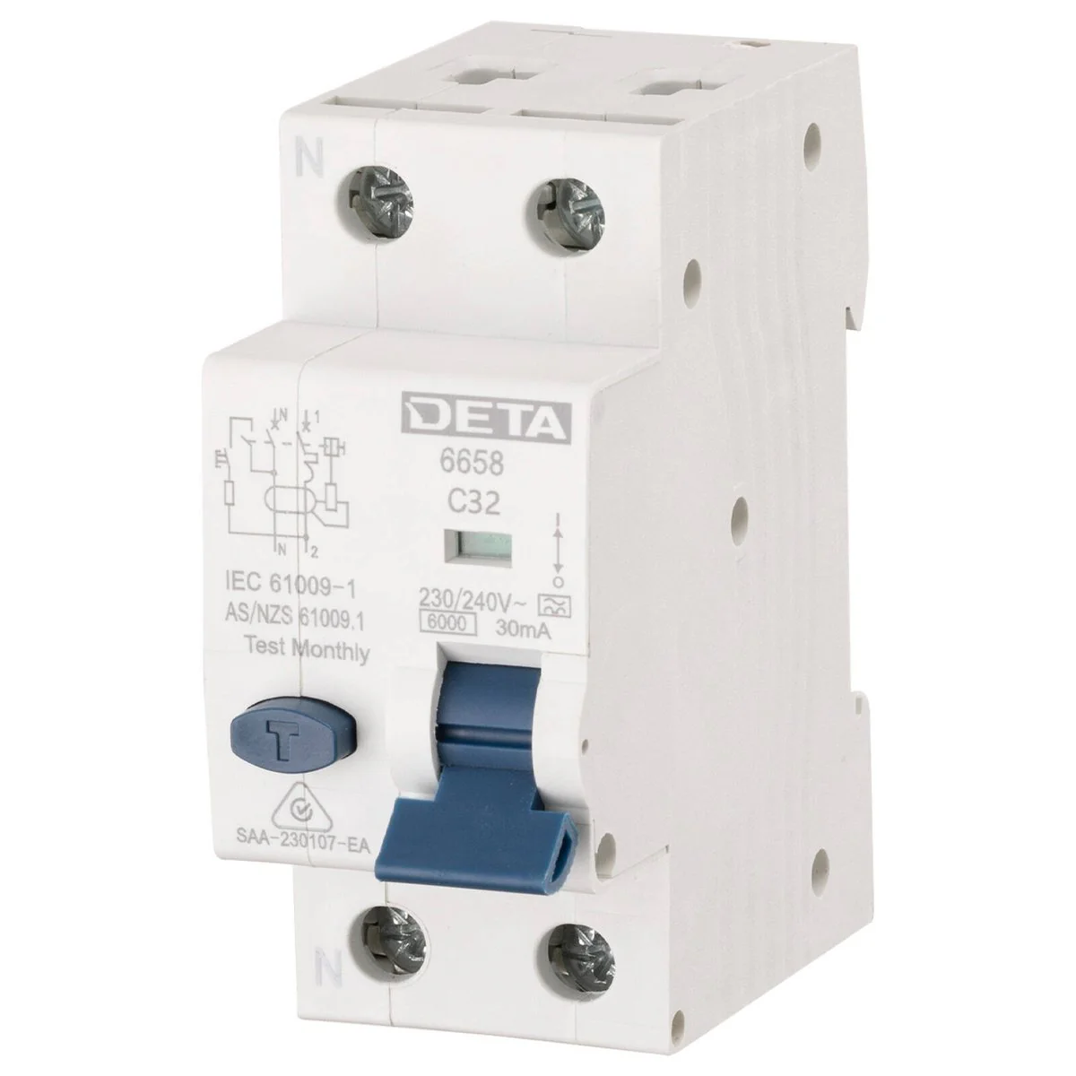 Deta 32A Single Phase RCBO - 6kA High Breaking Capacity - 240V