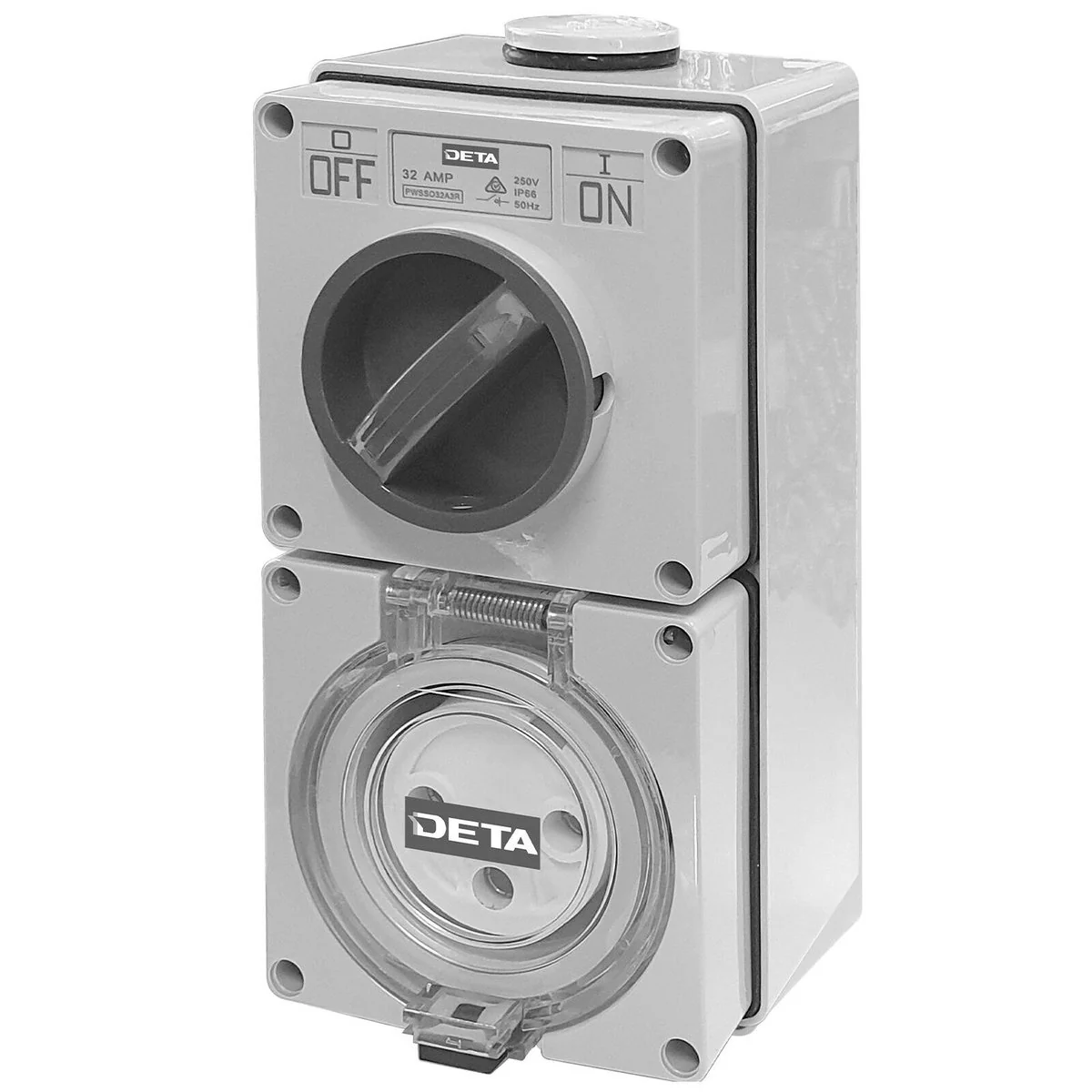 Deta 32A Single Phase Round Switch Outlet - 100mm x 58mm x 200mm - Light Grey - Weatherproof