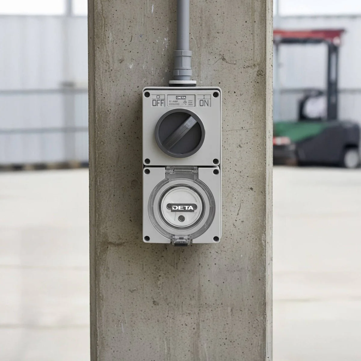 Deta 32A Single Phase Round Switch Outlet - 100mm x 58mm x 200mm - Light Grey - Weatherproof - Image 3