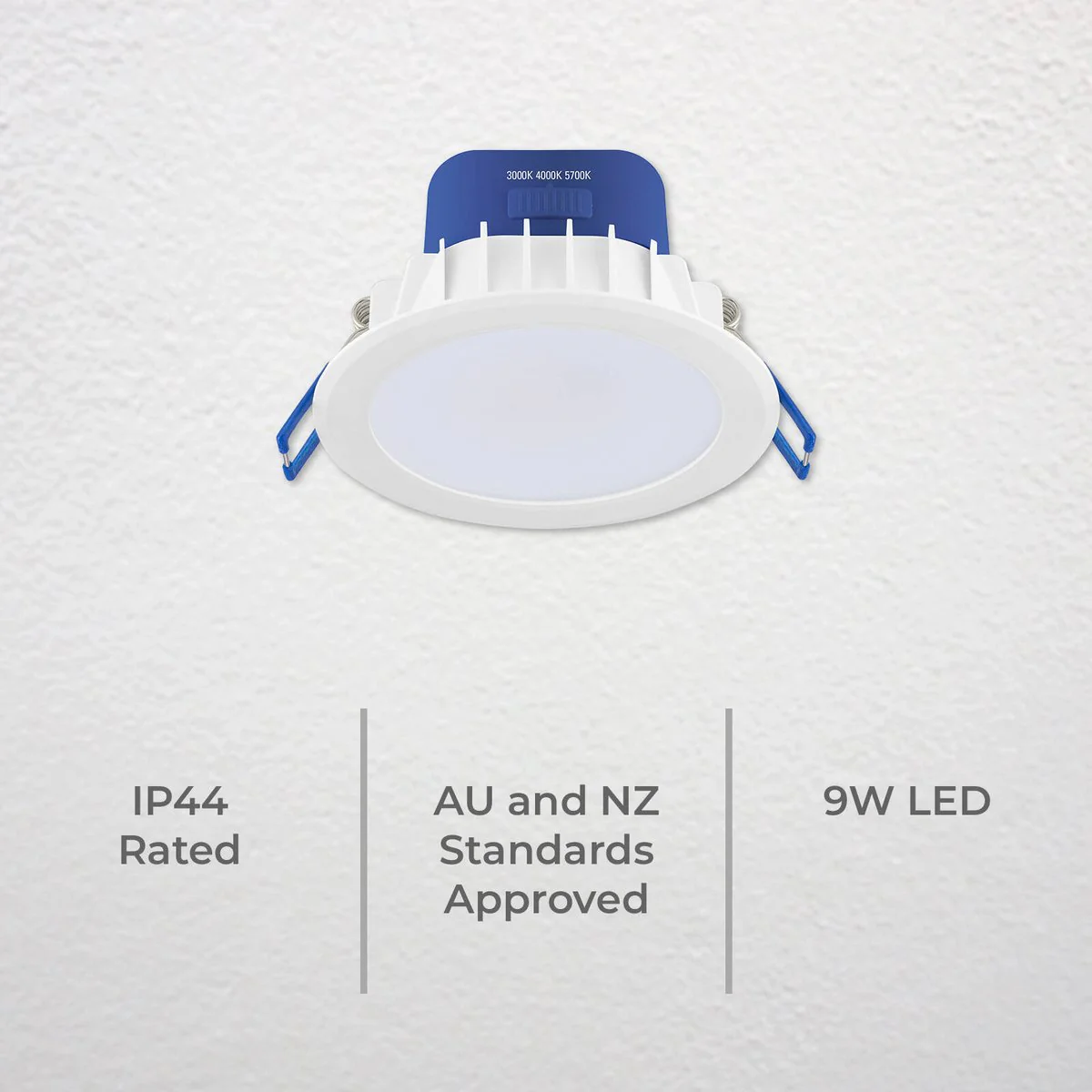 Deta 9W Tri Colour Dimmable LED Downlight - IP44 - 110mm - White & Blue - Image 3