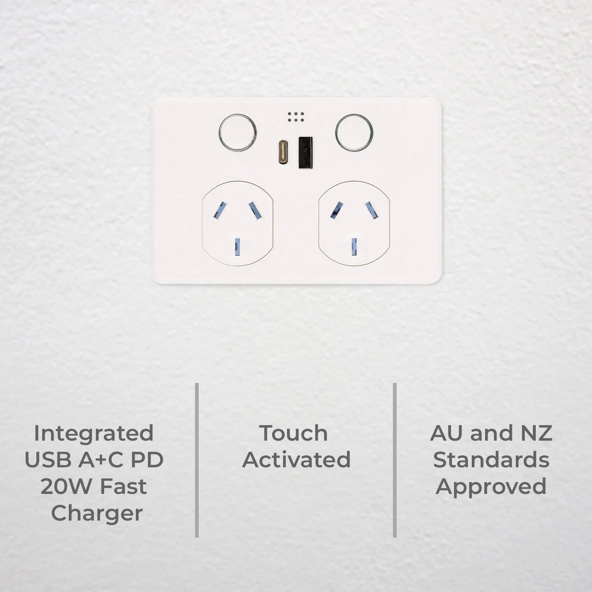 Deta Grid Smart Double Power Point - USB A+C PD 20W Fast Charging - White - 50mm x 74mm x 115mm - Image 2