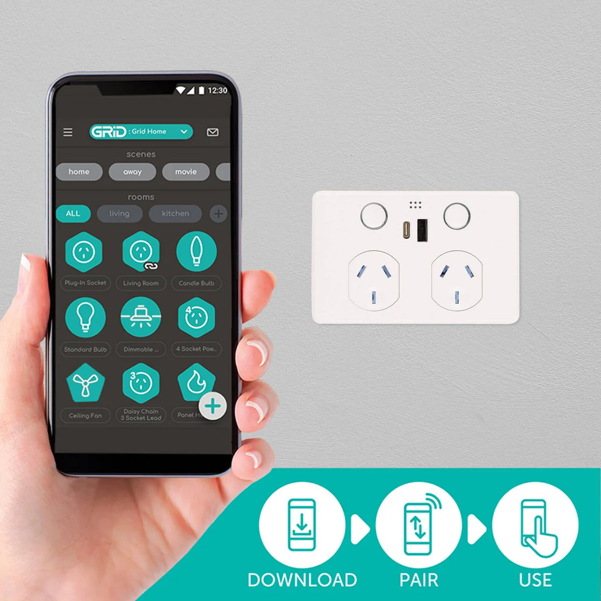 Deta Grid Smart Double Power Point - USB A+C PD 20W Fast Charging - White - 50mm x 74mm x 115mm - Image 3