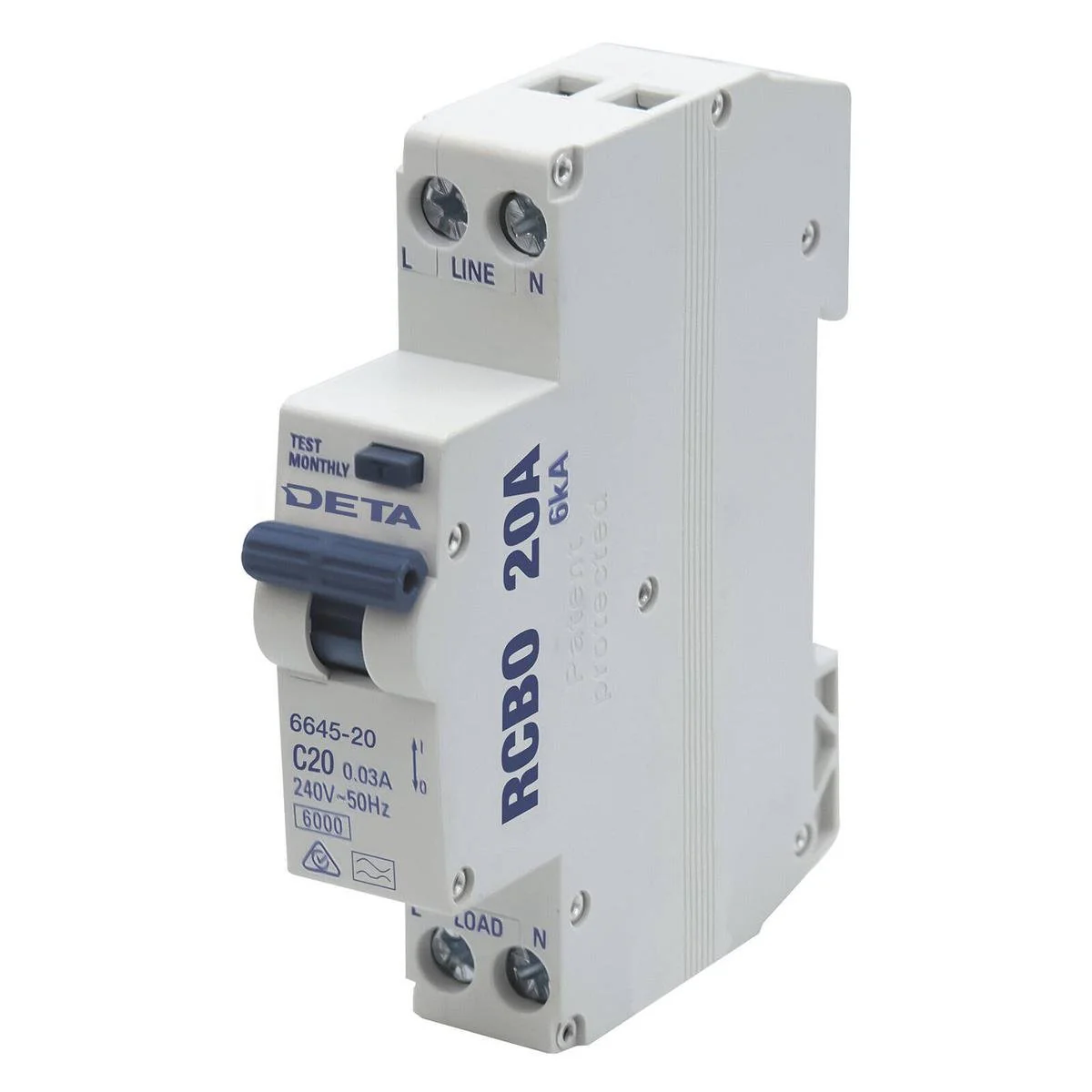 Deta 20A Residual Circuit Breaker with Overload Protection - 18mm