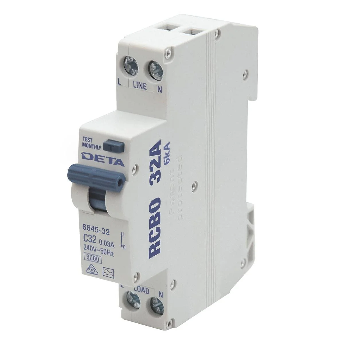 Deta 32A Residual Circuit Breaker with Overload Protection - 18mm Width - 6kA