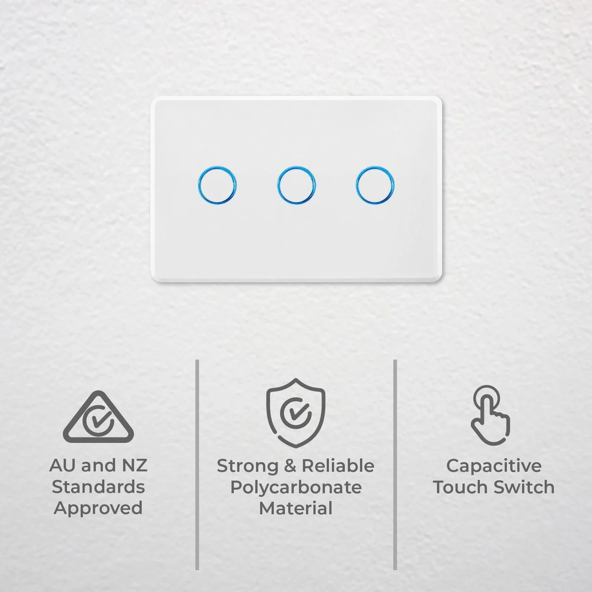 Deta Touch Activated Triple Gang Light Switch - 77mm x 30mm x 110mm - White - Image 2