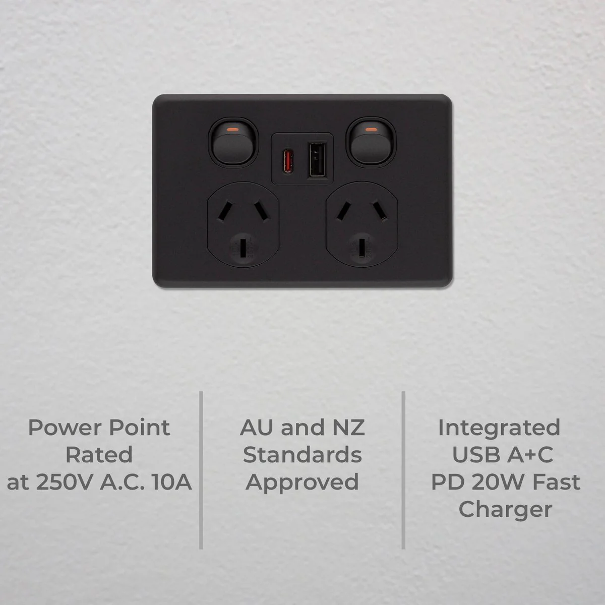 Deta x6 Double Power Point 50mm x 74mm x 115mm - Matte Black - USB A+C PD 20W Fast Charging - Image 2